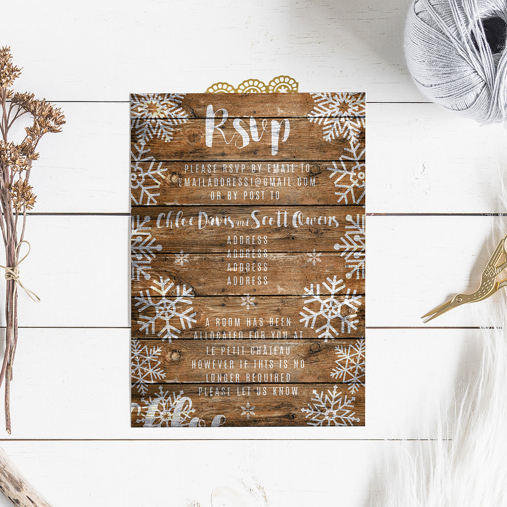 Snow flake on Rustic Wood Background WInter Wedding