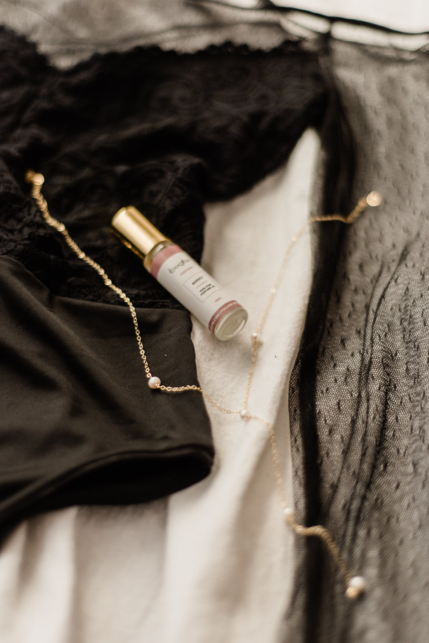 gifts for the socialite - handmade lingerie, perfume oil and pearl necklace by Lazy Girl lingerie