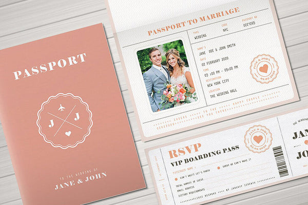 printable passport invitation design suite featuring