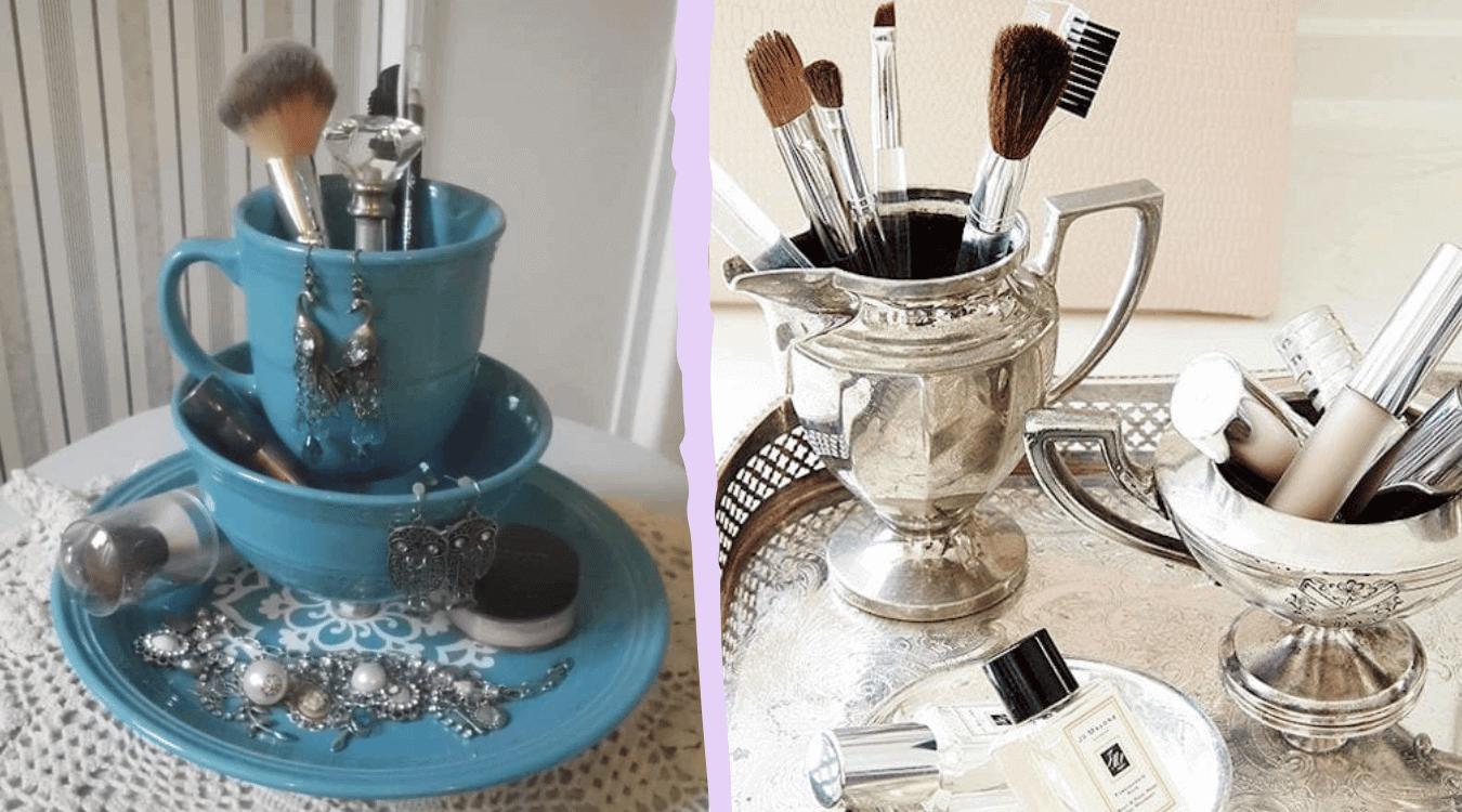 The 5 best DIY makeup organizer ideas for 2024; using a tea set to create a makeup organizer.