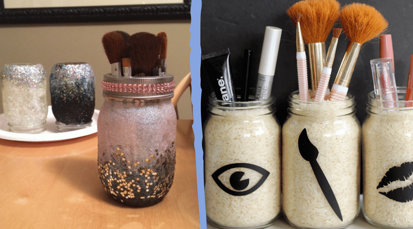 The 5 best DIY makeup organizer ideas for 2024; using some jars to create a makeup organizer.