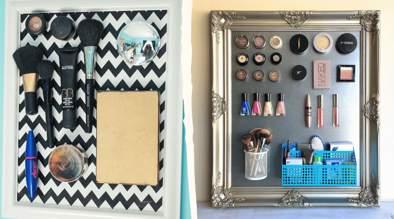 The 5 best DIY makeup organizer ideas for 2024; using a picture frame and magnets to create a makeup organizer.