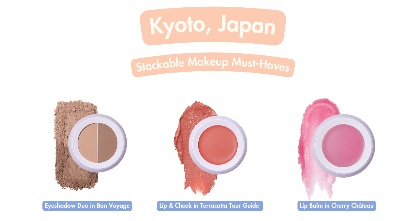 Subtl Beauty's recommended stackable travel makeup products for Kyoto, Japan are the Eyeshadow Duo in Bon Voyage, Lip & Cheek in Terracotta Tour Guide, and Lip Balm in Cherry Château