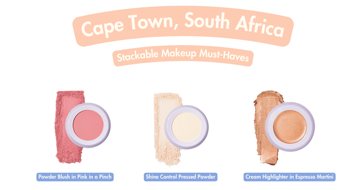 Subtl Beauty's recommended stackable travel makeup products for Cape Town, South Africa are the Powder Blush in Pink in a Pinch, Shine Contol Pressed Powder, and Cream Highlighter in Espresso Martini