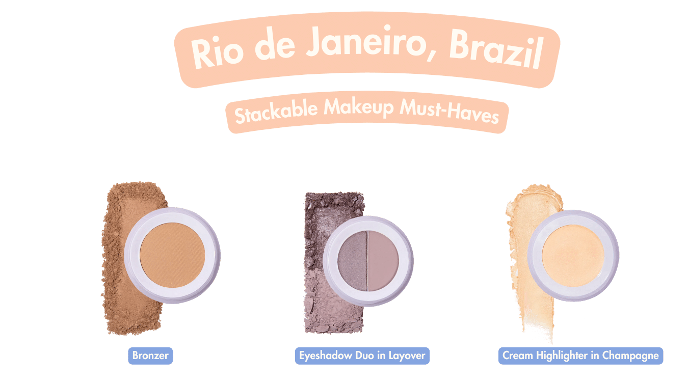 Subtl Beauty's recommended stackable travel makeup products for Rio de Janeiro, Brazil are the Bronzer, Eyeshadow Duo in Layover, and Cream Highlighter in Champagne