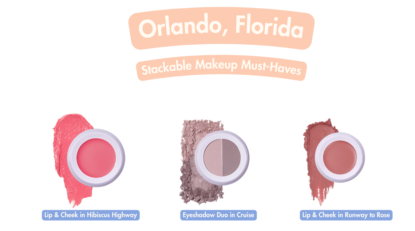 Subtl Beauty's recommended stackable travel makeup products for Orlando, Florida are the Lip & Cheek in Hibiscus Highway, Eyeshadow Duo in Cruise, and Lip & Cheek in Runway to Rose