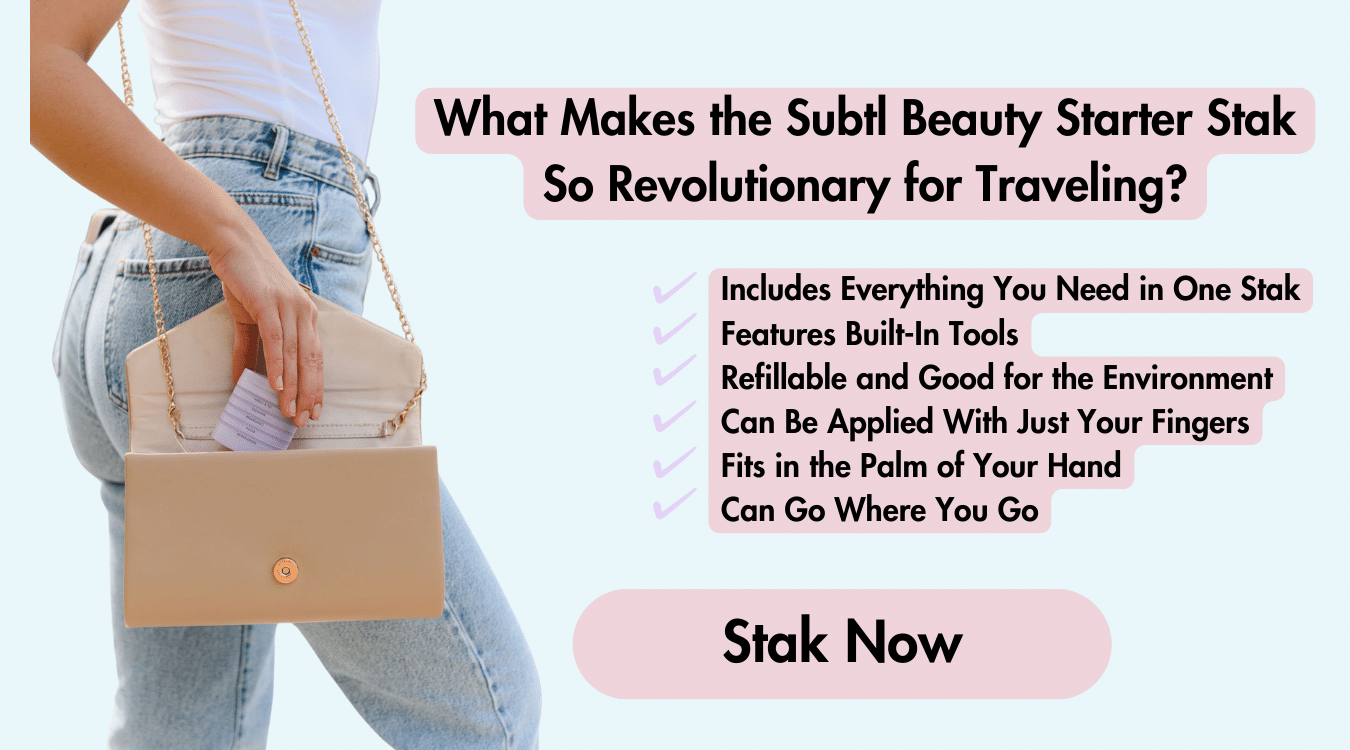 The Subtl Beauty Starter Stak is the best stackable travel makeup because it includes everything you need, features built-in tools, can fit in the palm of your hand, and more.