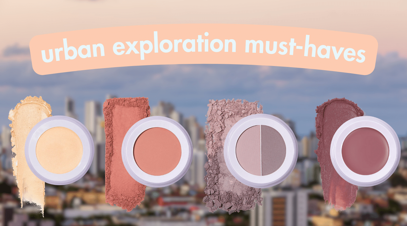 travel makeup bag must-haves for an urban destination: cream highlighter in champagne, powder blush in daytrip at dawn, eyeshadow duo in cruise, and lip & cheek in elderberry escapade