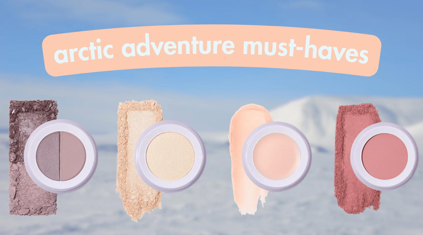 travel makeup bag must-haves for an arctic destination: eyeshadow duo in layover, powder highlighter in champagne, lip balm in mediterranean mint, and powder blush in blossom bound