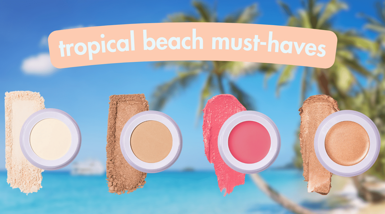 travel makeup bag must-haves for a beachy destination: shine control pressed powder, bronzer, lip & cheek in hibiscus highway, and cream highlighter in espresso martini