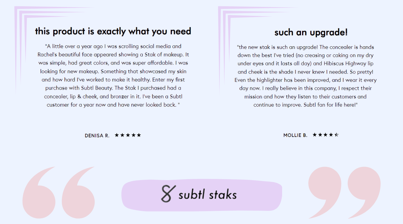 Reviews on Subtl Beauty's best beginner makeup kit and all-in-one makeup kit known as the Starter Stak. Both happy reviews claim that Subtl has changed how they do makeup because its innovation and compact stak.