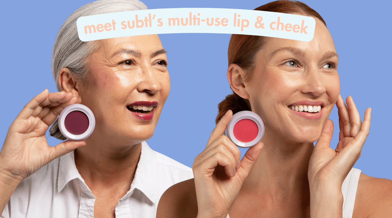 subtl’s mini travel makeup kit includes a shine control pressed powder that can be used in a ton of ways; this photo shows two women using our lip & cheek in the subtl makeup kit for travel