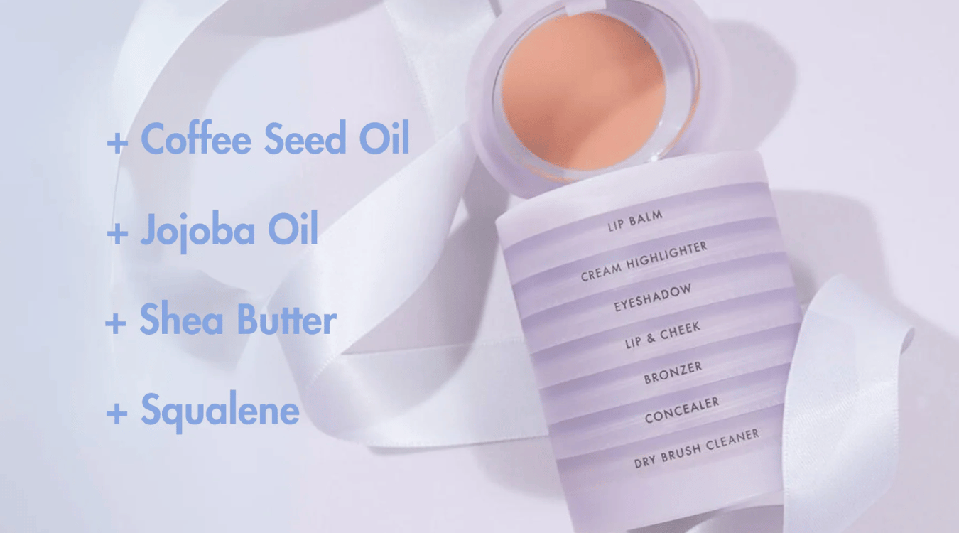 Image of text for ingredients in Subtl Beauty's stackable makeup reading: coffee seed oil, jojoba oil, shea butter and squalene