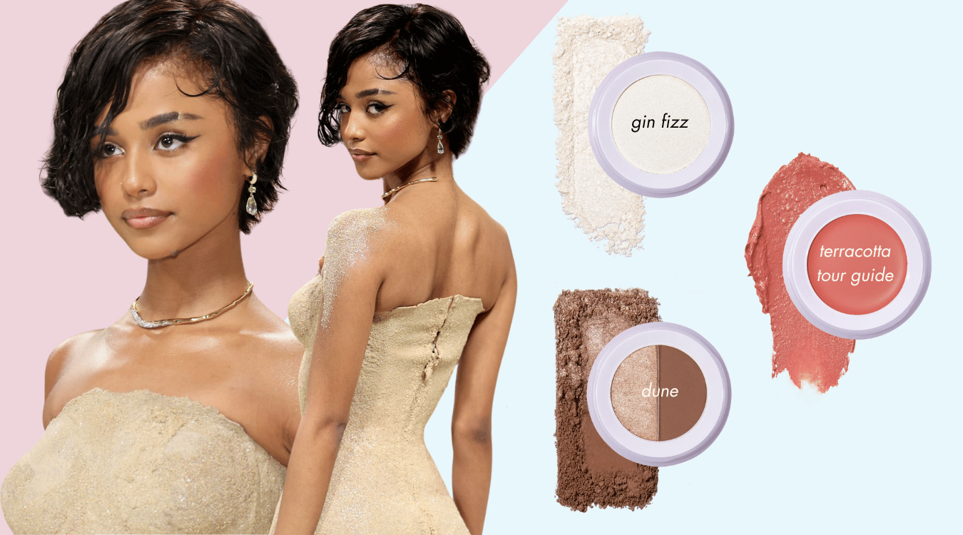 use the powder highlighter in gin fizz, lip & cheek in terracotta tour guide, and eyeshadow duo in dune in your travel makeup kit to get tyla's met gala 2024 carpet look