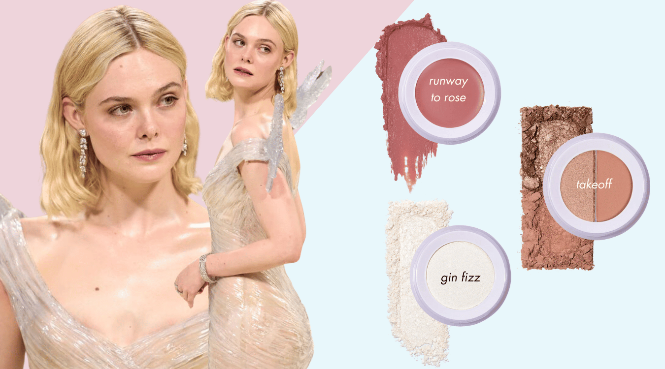use the lip & cheek in runway to rose, eyeshadow duo in takeoff, and powder highlighter in gin fizz in your travel makeup kit to get elle fanning's met gala 2024 carpet look