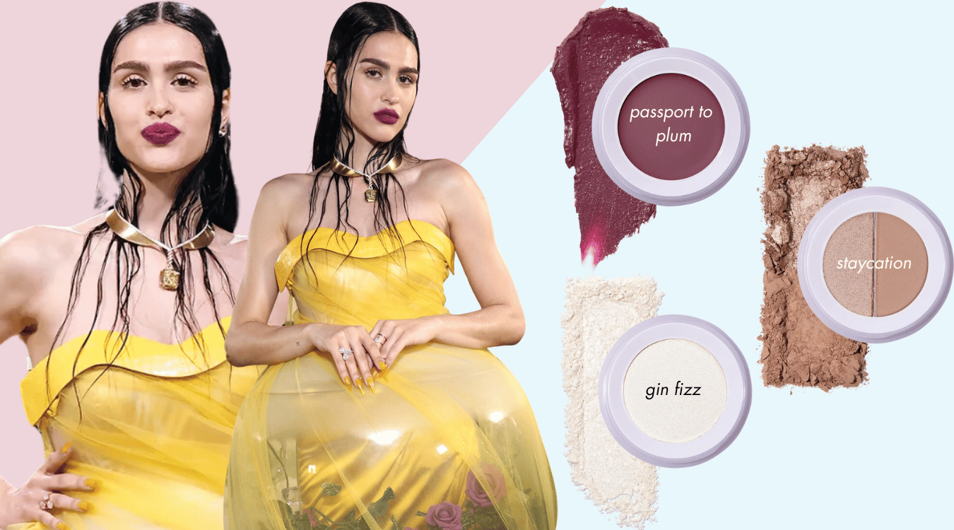use the lip & cheek in passport to plum, eyeshadow duo in staycation, and highlighter in gin fizz in your travel makeup kit to get amelia gray hamlin's met gala 2024 carpet look