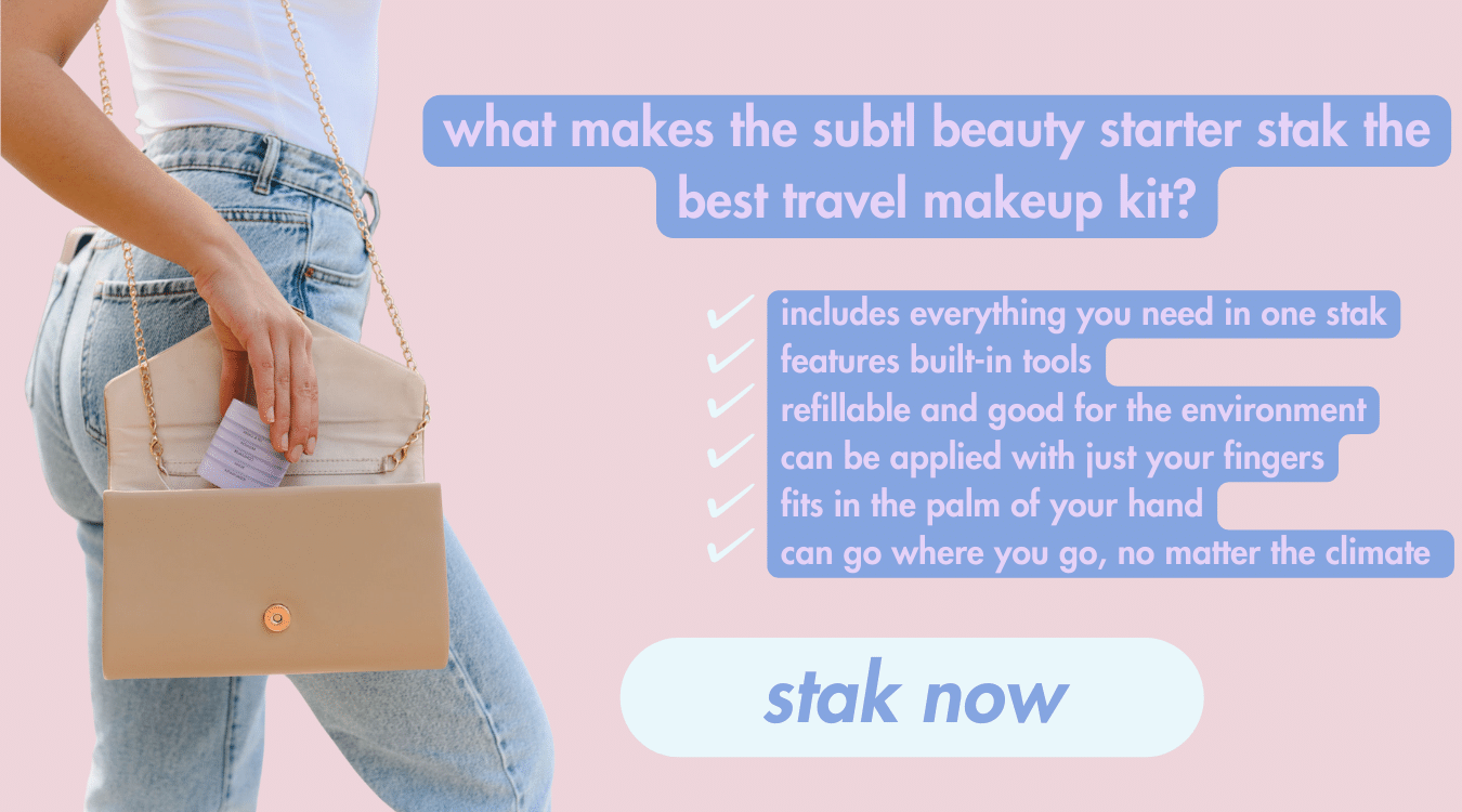 the subtl beauty travel makeup kit known as the starter stak features everything you need, fits in a stak, is refillable, and more.