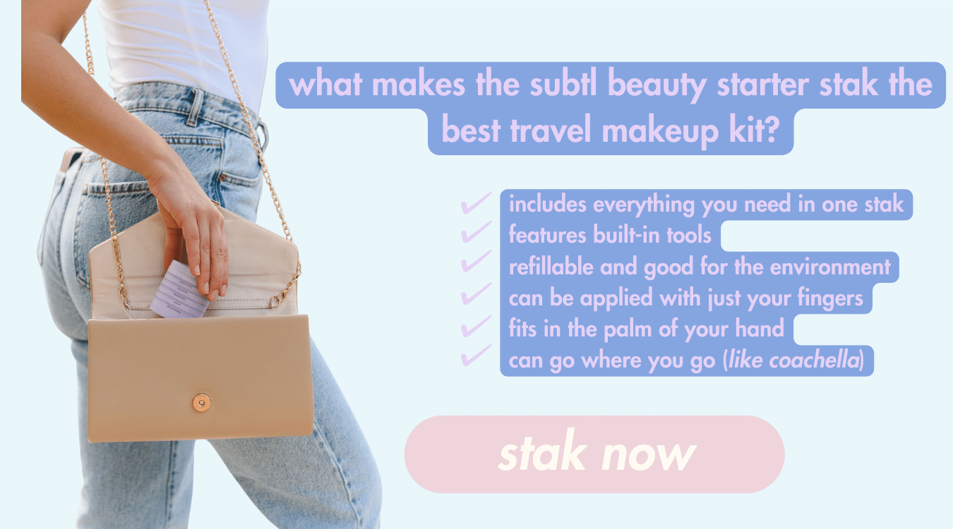 grab one of subtl beauty's travel makeup sets, like the starter stak, for coachella because they're convenient, streamlined, can fit in the palm of your hand, and more.