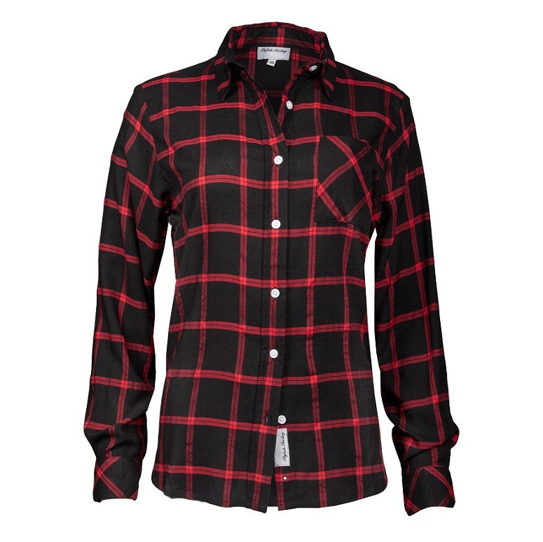 Women's Long Sleeve, Rayon, Button Down Plaid Shirt. Black/Red. Style ...