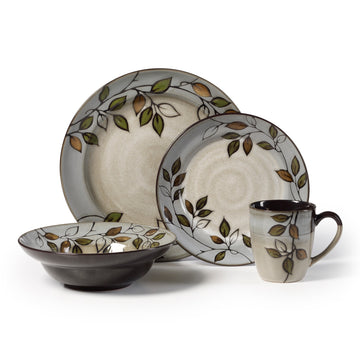 stoneware dinnerware set 16 pieces earth tones rustic green leaves