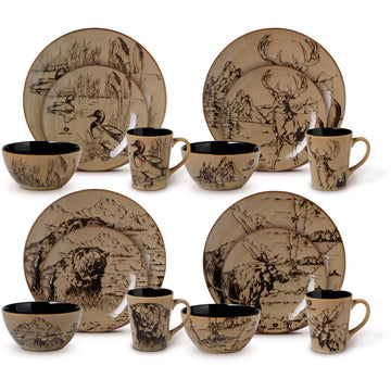 16 piece dinner set black brown nature design mossy oak