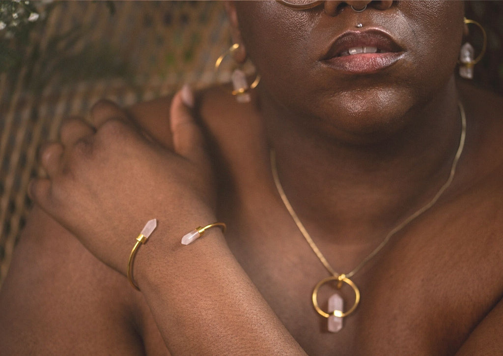 empowerment, body positivity, rose quartz, gold necklace 
