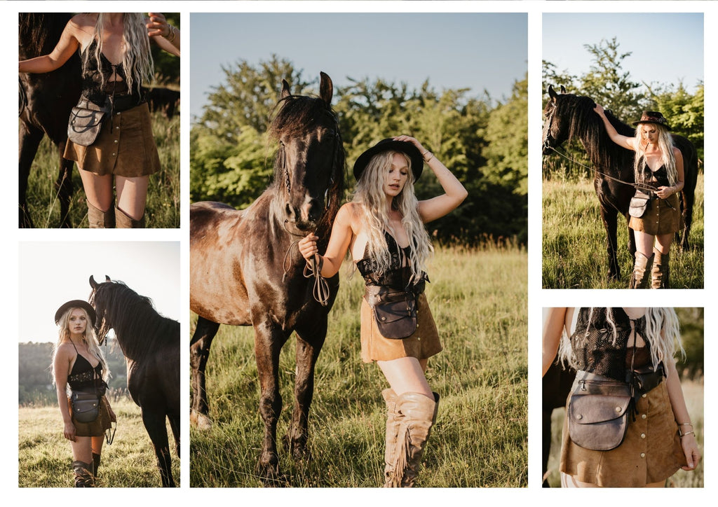 Atop a picturesque hillside, a woman shares a serene moment with her horse and faithful dog as the sun sets in a blaze of colors. Her leather belt bag accentuates her stylish attire, while the presence of a man by her side hints at a shared love for nature's beauty and the joy of shared adventures. (Keywords: hillside, sunset, horse, dog, leather belt bag, stylish attire, nature's beauty, shared adventures)  Alt text: Bathed in the golden glow of a radiant sunset, a woman and her companions, a horse and a dog, find solace on a tranquil hillside. Her leather belt bag combines fashion and functionality, allowing her to keep her essentials close while sharing quiet moments with the man by her side, embracing the serenity of the twilight hour. (Keywords: hillside, sunset, horse, dog, leather belt bag, fashion and functionality, quiet moments, serenity, twilight hour)  Alt text: The beauty of a sunset paints the hillside with a magical palette as a woman stands with her horse and loyal dog. Her leather belt bag serves as a stylish companion, while the presence of a man by her side hints at shared passion for adventure and the enchantment of nature's wonders. (Keywords: hillside, sunset, horse, dog, leather belt bag, stylish companion, shared passion, nature's wonders, enchantment)  Alt text: A woman and her beloved horse and dog embrace the serenity of a stunning hillside bathed in the warm hues of the setting sun. Her leather belt bag combines practicality and fashion, a testament to her resourcefulness and style. With a man by her side, they share a moment of connection, united by their appreciation for nature's tranquil beauty. (Keywords: hillside, sunset, horse, dog, leather belt bag, practicality and fashion, resourcefulness, style, connection, tranquil beauty)
