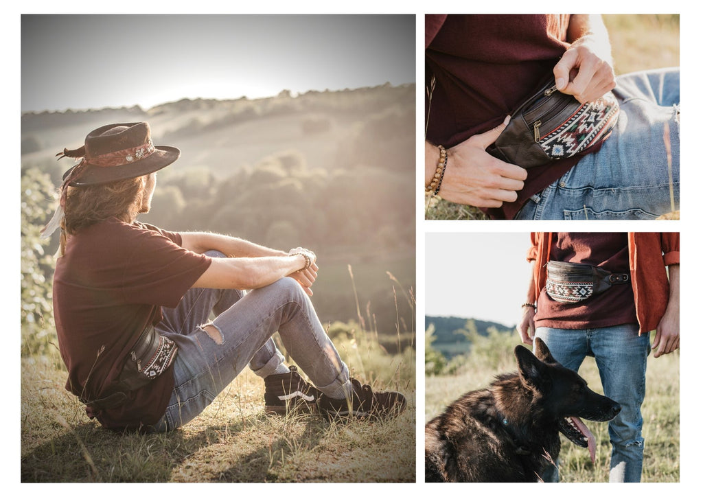 Bathed in the golden glow of a radiant sunset, a woman and her companions, a horse and a dog, find solace on a tranquil hillside. Her leather belt bag combines fashion and functionality, allowing her to keep her essentials close while sharing quiet moments with the man by her side, embracing the serenity of the twilight hour. (Keywords: hillside, sunset, horse, dog, leather belt bag, fashion and functionality, quiet moments, serenity, twilight hour)