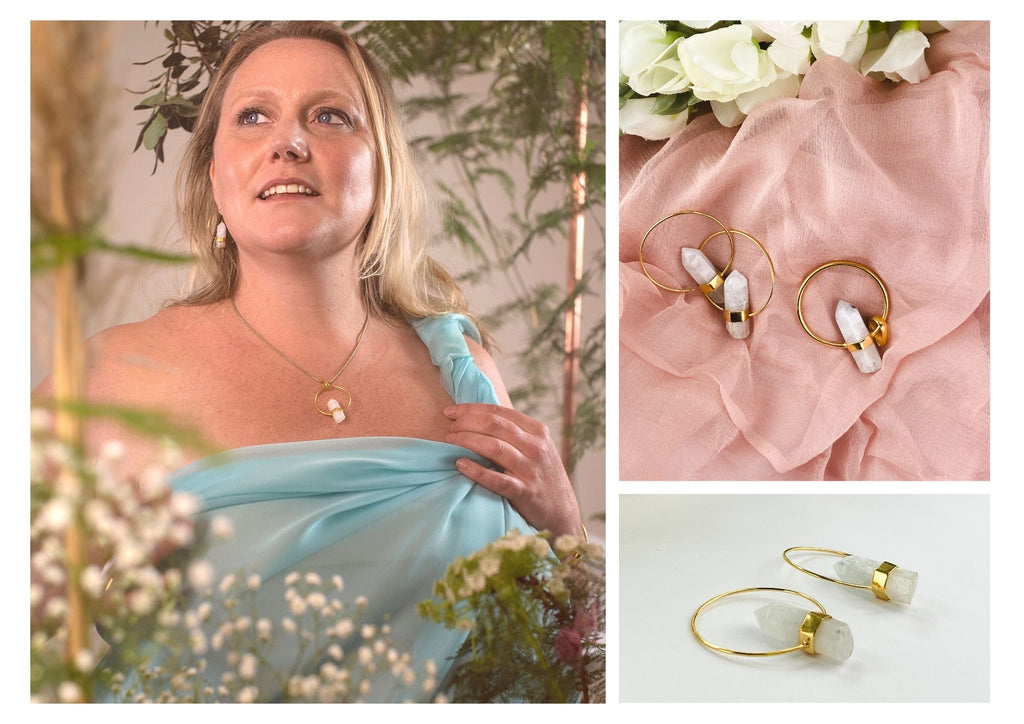 floral photoshoot, moonstone jewellery, rough moonstone earrings, white crystal necklace 