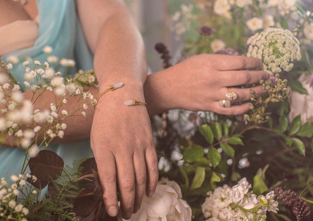 flowers, boho jewellery, beautiful hand made bracelet, crystal ring, gold 