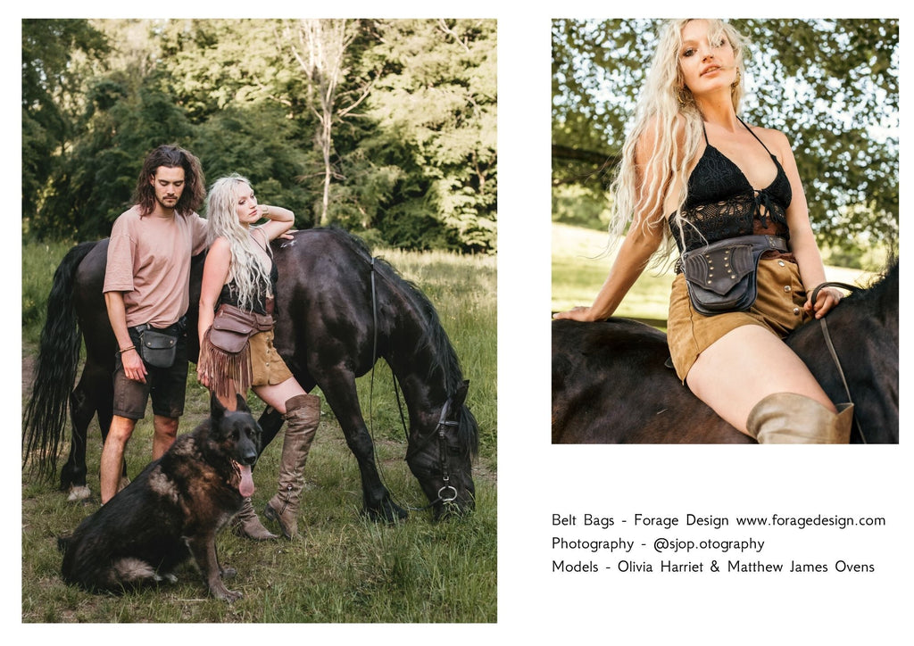  A woman and her loyal companions, horse and dog, venture deep into the woods, seeking new horizons. With her leather belt bag by her side, she remains hands-free, ready to capture every magical moment and embrace the spirit of adventure. (Keywords: woods, horse, dog, leather belt bag, new horizons, magical moment, spirit of adventure)