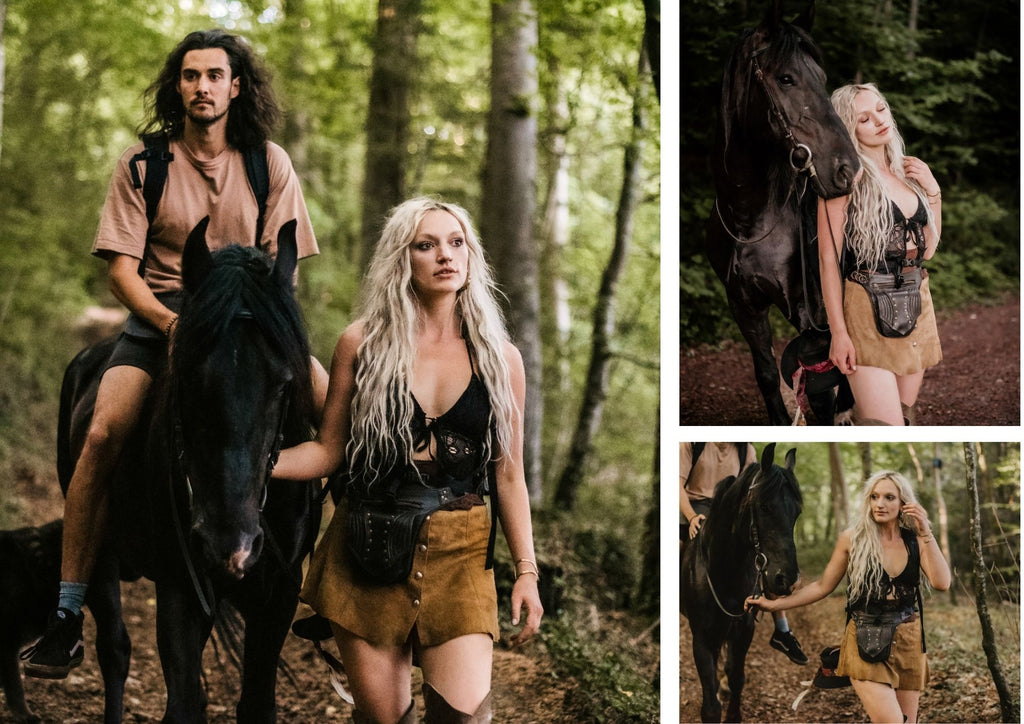 Amidst the enchanting woods, a woman leads her horse with confidence while her loyal dog follows closely. Her leather belt bag serves as a fashionable companion, allowing her to keep her essentials secure as she indulges in the beauty of nature's sanctuary. (Keywords: woods, horse, dog, leather belt bag, confidence, beauty of nature, sanctuary)