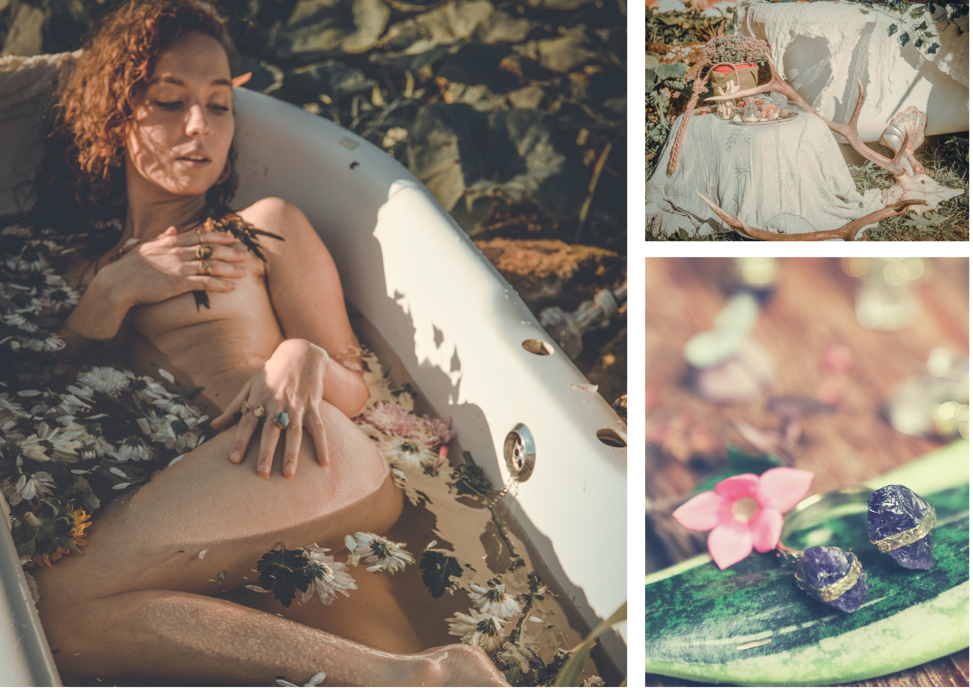 boho nude woman in outdoor bath with pretty pink flowers, beautiful jewellery, amethyst ring, raw stone necklace, hippie style jewellery 