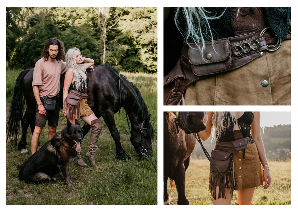A picturesque scene unfolds as a woman, accompanied by her horse and dog, explores the serene woods. Her leather belt bag is both practical and fashionable, allowing her to carry her essentials with ease as she immerses herself in the beauty of nature. (Keywords: woods, horse, dog, leather belt bag, beauty of nature)