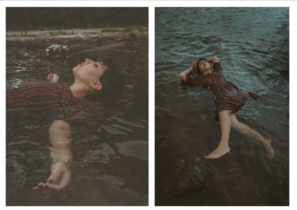 woman floating in dark water for boho clothing grand forage design