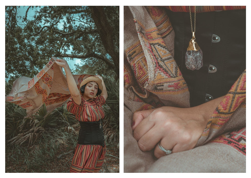 dancing in ethical clothing and bohemian jewellery with labradorite necklace 