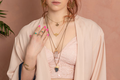 boho style, layered necklaces, layering jewellery, insect jewellery, rough cut crystals, forage design, festival fashion, ethical jewellery company uk