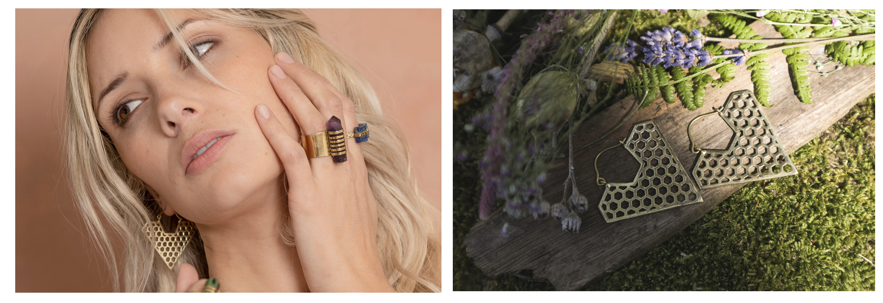 crystal pendulum ring, gold amythist ring, chunky rings, geometric jewellery, ethical company uk