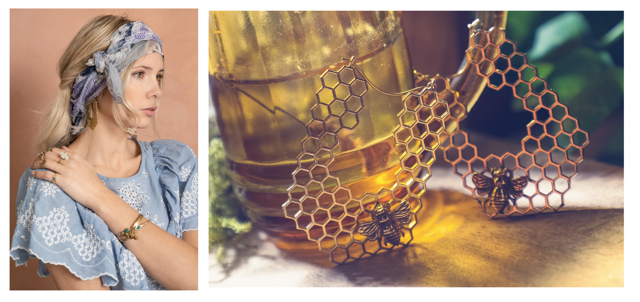 honeycomb jewellery, bee earrings, bumble bee necklace, bee jewellery, bee emblem, chunky gold hoops 