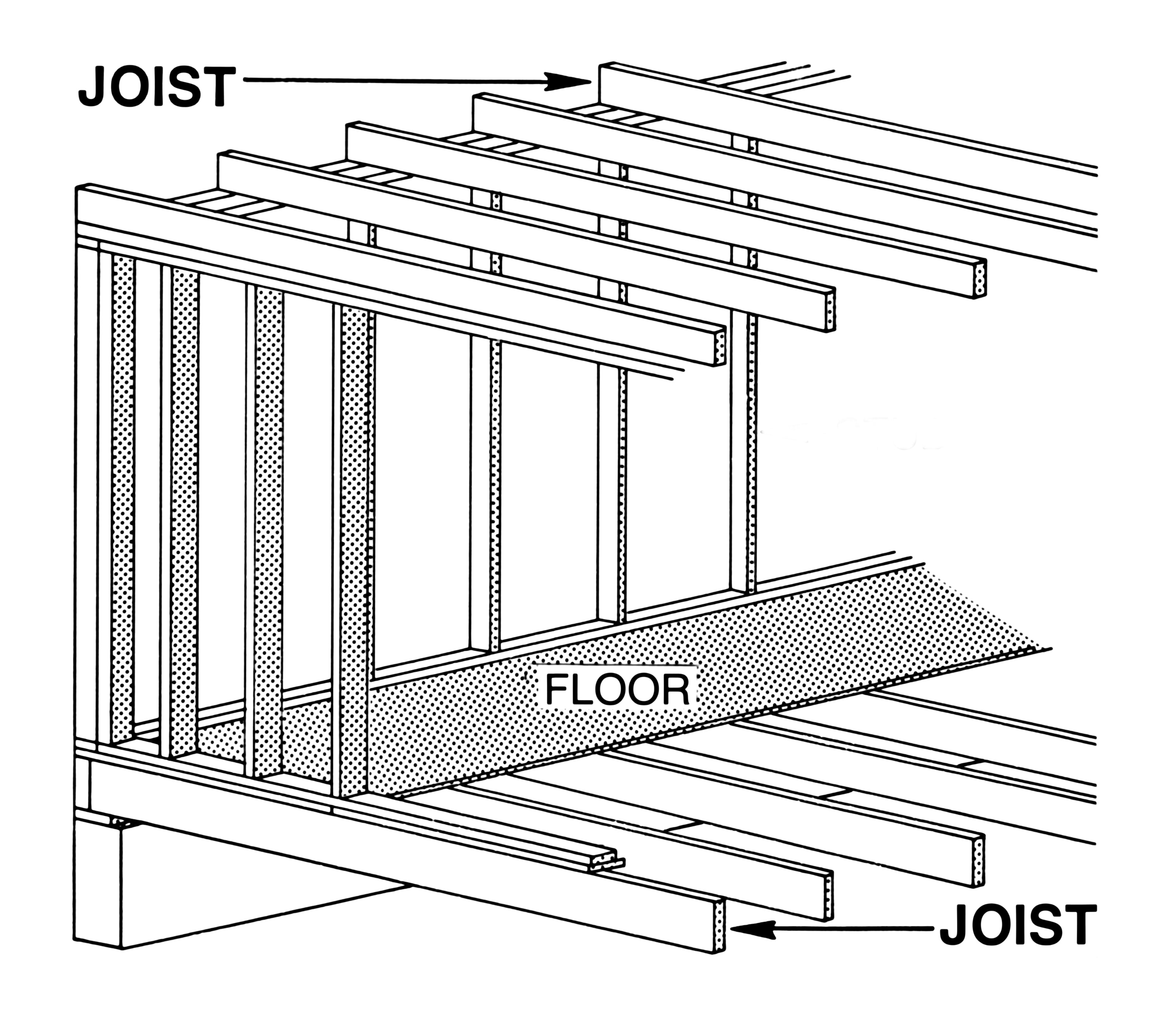 black and white drawing of joists and beams for brockwell incorporated's illustrated glossary