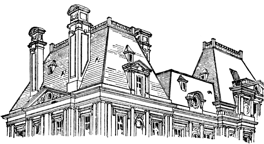 black and white sketch of a mansard roof - classical illustrated glossary term example