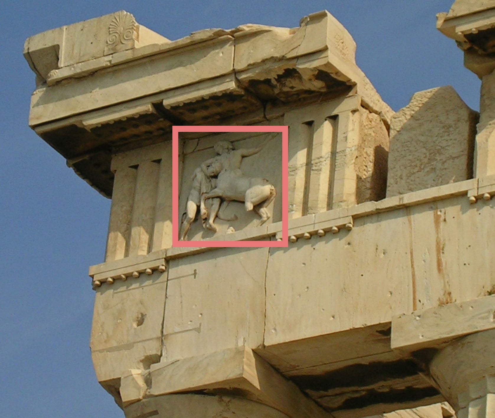 classical example of a metope on a doric stone entablature