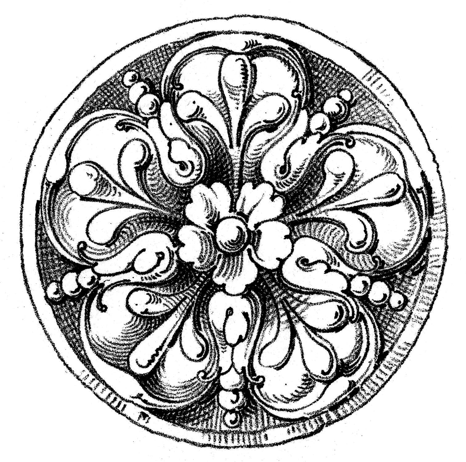 black and white sketch of a round or circular rosette design for brockwell incorporated's illustrated glossary of architectural terms