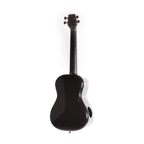Image showing the back of a black KLOS carbon fiber ukulele. The ukulele has a second soundhole in the bottom lobe of the body.