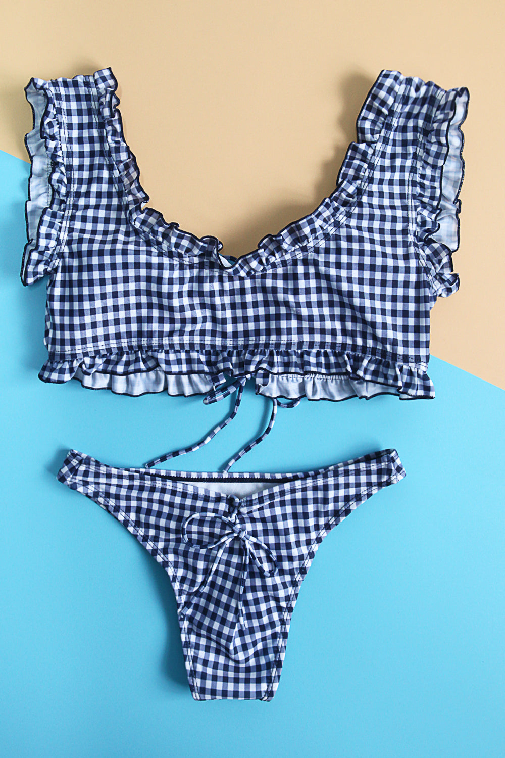 Iyasson Latticed Printing Ruffle Two-piece Swimwear