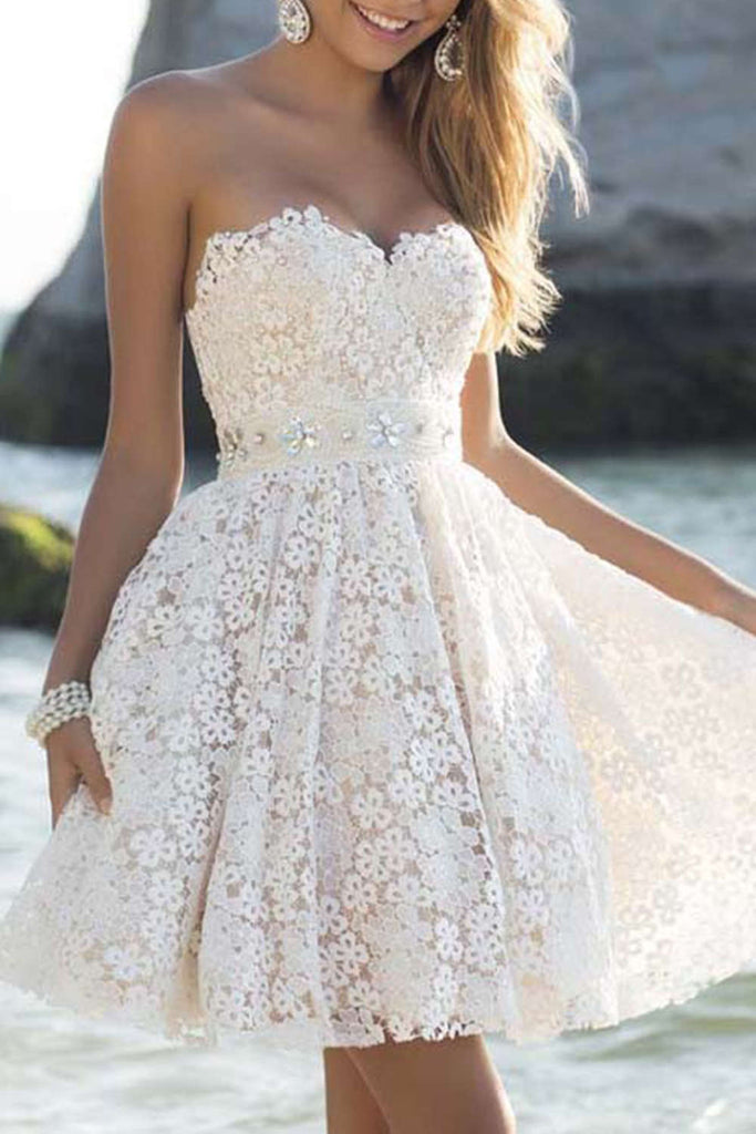 white lace strapless dress