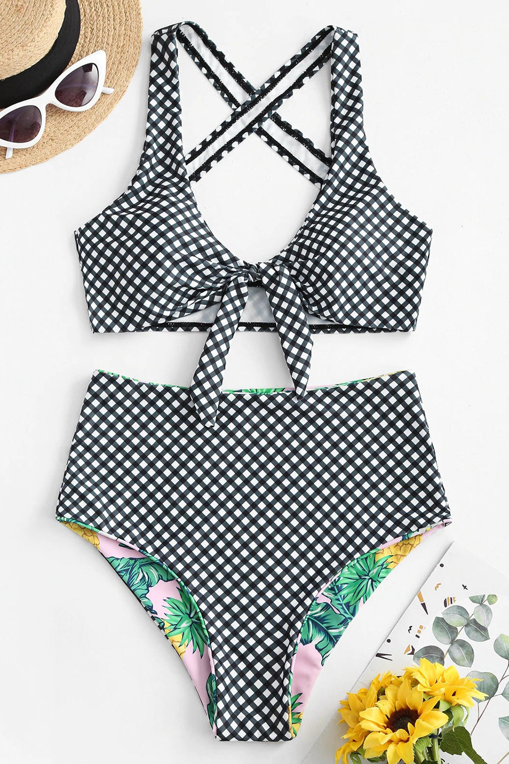 Reversible Gingham Pineapple Crisscross Tied Bikini Swimwear – Iyasson