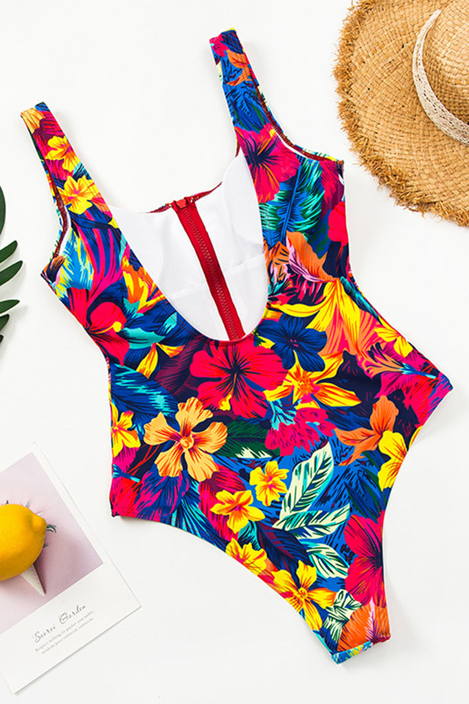 Floral Printing Zip Up One Piece Swimsuit Iyasson