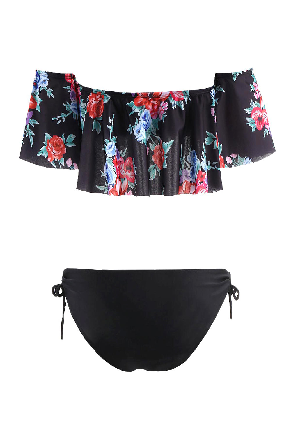 Iyasson Flower Printing Falbala Bikini Top With Black Ties at bottom s