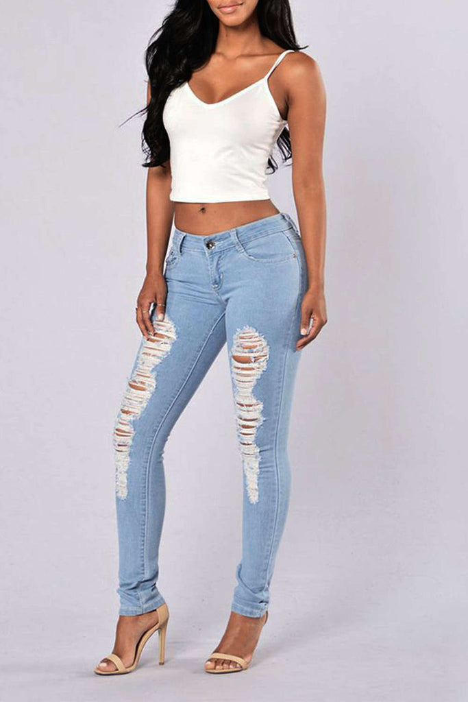low rise destroyed jeans